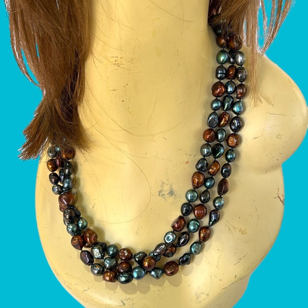 HAND MADE BROWN‎ BLUE SEED BEADS LONG NECKLACE